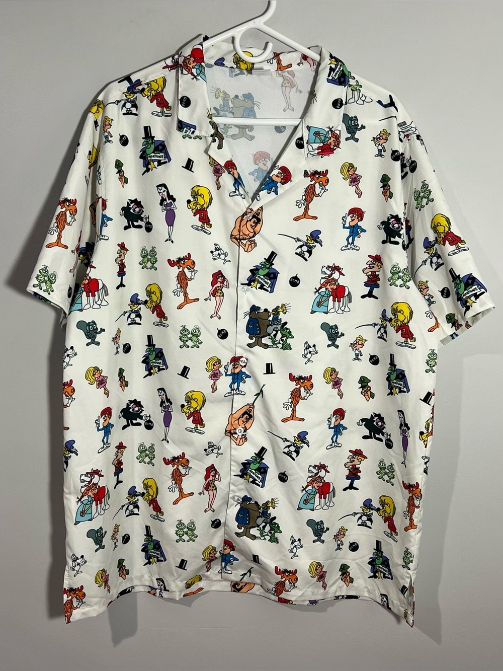 Rocky And Bullwinkle Cartoon AOP Short Sleeve Button Hawaiian Shirt Mens Large